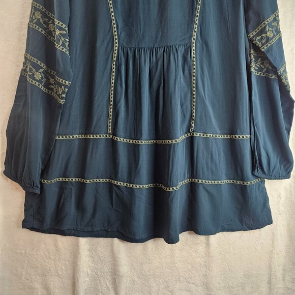 J. Jill Women Blue Tunic Top Floral Embroidery Boho Peasant Tall L Blouse - Picture 10 of 13